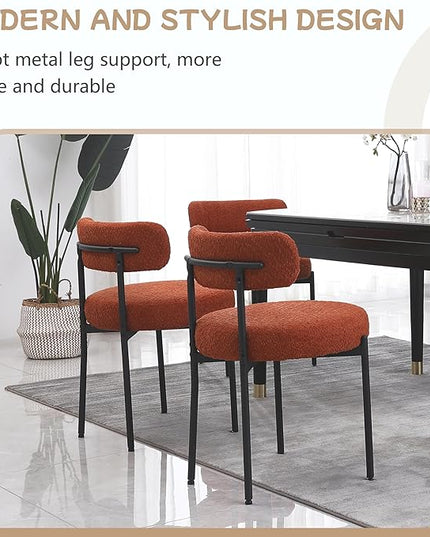 Orange Dining Chairs Set of 4 Round Upholstered Boucle Dining Room Chairs Mid-Century Modern Kitchen Chairs Curved Backrest Chairs for Dining Room Black Metal Legs - LeafyLoom