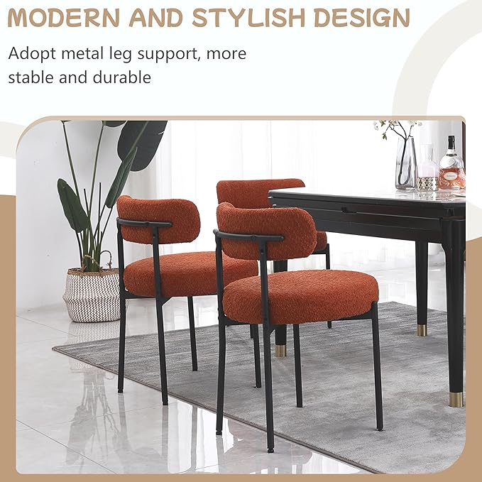Orange Dining Chairs Set of 4 Round Upholstered Boucle Dining Room Chairs Mid-Century Modern Kitchen Chairs Curved Backrest Chairs for Dining Room Black Metal Legs - LeafyLoom