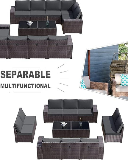 Kullavik 12PCS Outdoor Patio Furniture Set PE Wicker Rattan Sectional Sofa Patio Conversation Sets,Grey - LeafyLoom