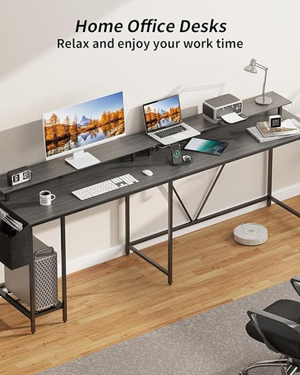 L Shaped Gaming Desk with Power Outlets & LED Lights, Computer Desk with Monitor Stand & Storage Shelf, Home Office Desk Corner Desk with Hooks, Easy to Assemble, Grey - LeafyLoom