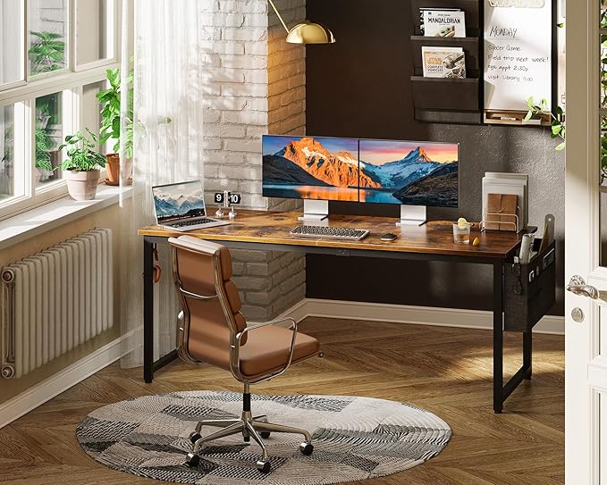 ODK Computer Desk Large Office Desk, 63 Inch Writing Desk with Storage, Modern PC Desk Work Table with Headphone Hook for Home Office, Spliced Tabletop, Rustic Brown - LeafyLoom