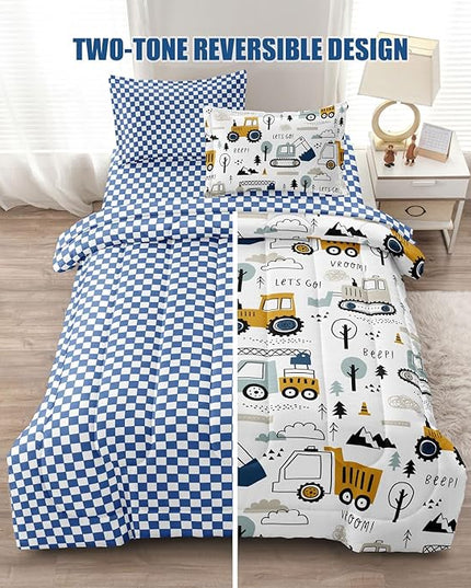 4-Pcs Construction Twin Size Boys Bedding Set, Kids Comforter Set for Teens w/Sheets and Pillowcase, Soft Cartoon Tractor Cars Bed in a Bag Sets - LeafyLoom