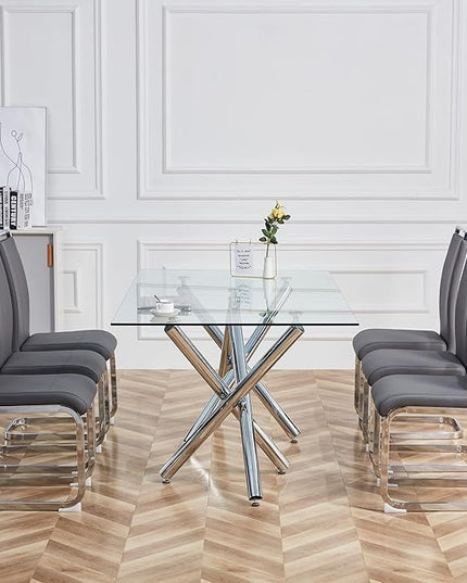Dining Chairs Set, Kitchen Modern Metal Chairs with Faux Leather Padded Seat High Back and Sturdy Chrome Legs, Chairs for Dining Room (Grey, Set of 6) - LeafyLoom