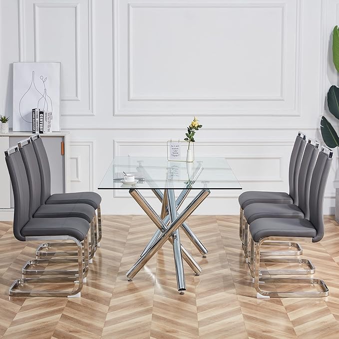 Dining Chairs Set, Kitchen Modern Metal Chairs with Faux Leather Padded Seat High Back and Sturdy Chrome Legs, Chairs for Dining Room (Grey, Set of 6) - LeafyLoom