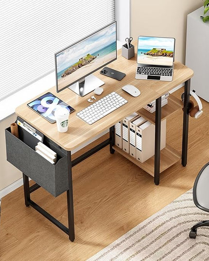 Computer Desk, 39.3” Home Office Desks, Modern Small Desk for Bedroom, Gaming Desk with Iron Hook and Height Adjustable Feet, Sturdy Student Writing Desk with Storage Bag, Storage Shelves - LeafyLoom