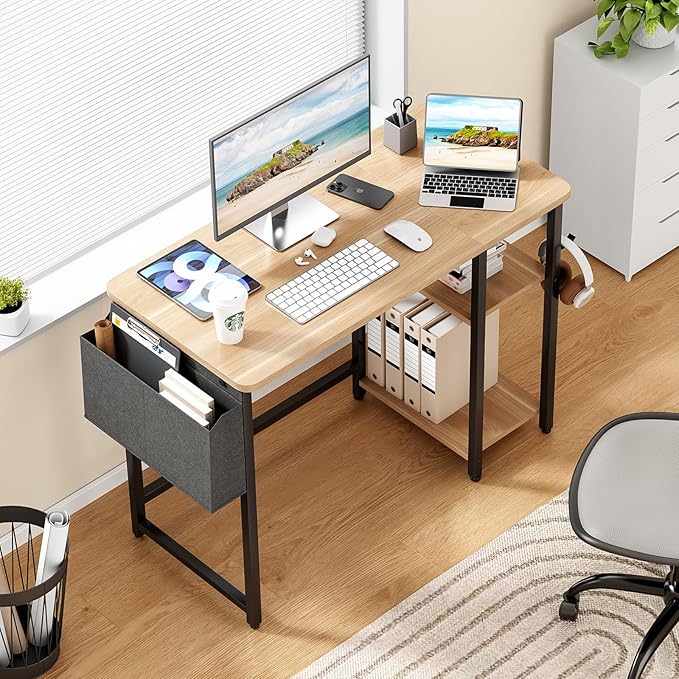 Computer Desk, 39.3” Home Office Desks, Modern Small Desk for Bedroom, Gaming Desk with Iron Hook and Height Adjustable Feet, Sturdy Student Writing Desk with Storage Bag, Storage Shelves - LeafyLoom