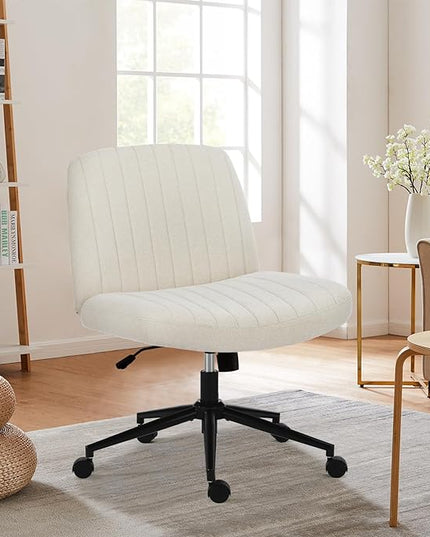Sweetcrispy Criss Cross Chair Legged, Armless Office Desk Chair with Wheels, Swivel Vanity Chair, Height Adjustable Wide Seat Computer Task Chair, Fabric Vanity Modern Home Chair White - LeafyLoom
