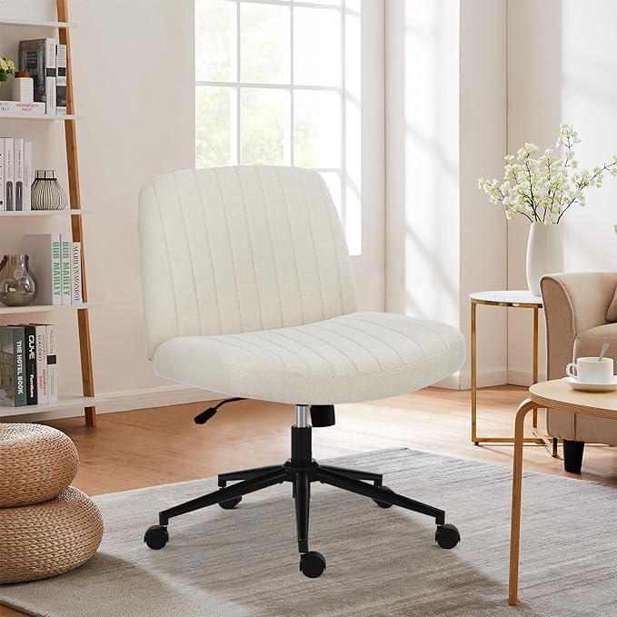 Sweetcrispy Criss Cross Chair Legged, Armless Office Desk Chair with Wheels, Swivel Vanity Chair, Height Adjustable Wide Seat Computer Task Chair, Fabric Vanity Modern Home Chair White - LeafyLoom