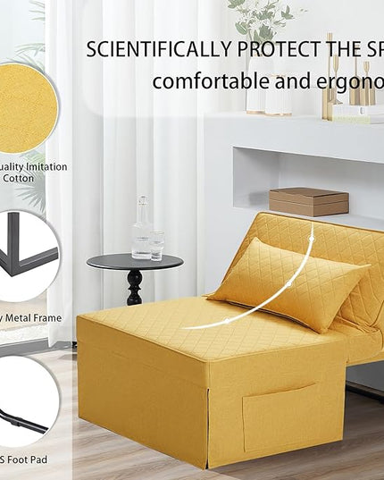 Sofa Bed, 4 in 1 Multi-Function Folding Ottoman Breathable Linen Couch Bed with Adjustable Backrest Modern Convertible Chair for Living Room Apartment Office,Squared-Linen Yellow - LeafyLoom