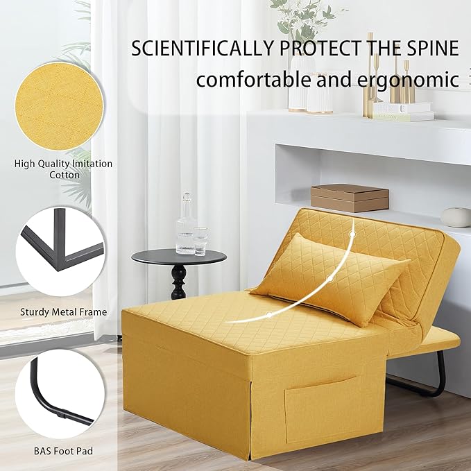 Sofa Bed, 4 in 1 Multi-Function Folding Ottoman Breathable Linen Couch Bed with Adjustable Backrest Modern Convertible Chair for Living Room Apartment Office,Squared-Linen Yellow - LeafyLoom