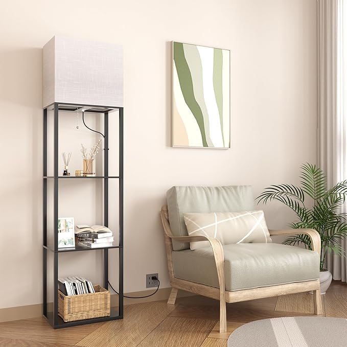 Dott Arts Floor Lamp with Shelves, Wide Floor Lamps for Living Room Display Shelf Lamps with 3 Color LED Bulb,Storage Wood Modern Floor Lamp for Bedroom Standing Lamp for Living Room Office（Black） - LeafyLoom