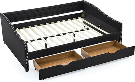 Queen Size Daybed with 2 Drawers, Upholstered Tufted Day Bed, with Button Back and Waved Shape Arms, Wood Slat Support, No Spring Box Need, for Bedroom, Livingroom - LeafyLoom