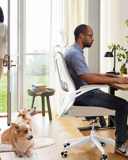Office Chair 350LBS Capacity,Ergonomic Comfy Home Desk Chair,High Back Gaming Chair with Wheels,Mesh Computer Chair,Lumbar Support, Adjustable Headrest,Flip-up Armrest - LeafyLoom