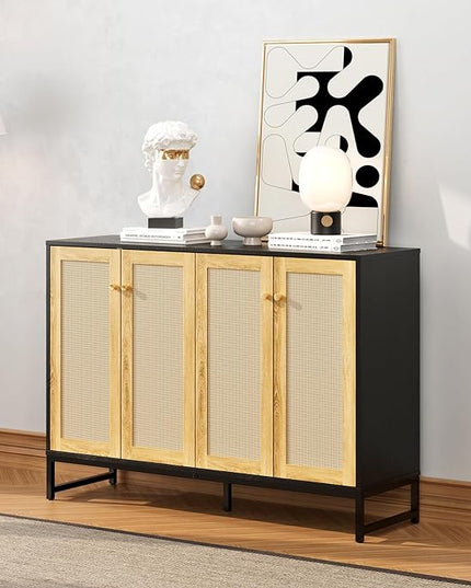 Storage Cabinet, Large Capacity Four-Door Rattan Sideboard with Adjustable Partitions, Metal Cabinet Legs, Modern Elegant Design Accent Cabinet Suitable for Home Office Bar Cafe (Black) - LeafyLoom