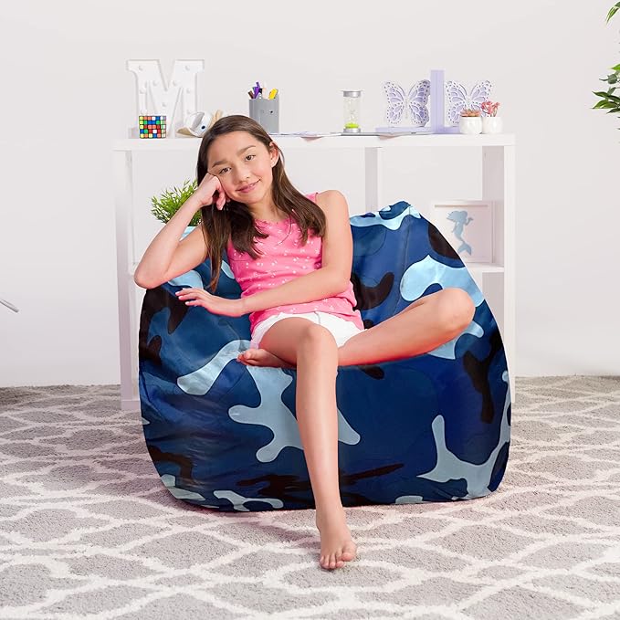 Posh Creations Structured Comfy Bean Bag Chair for Gaming, Reading and Watching TV, Coronado Chair, Nylon - Camo Blue and Light Blue - LeafyLoom