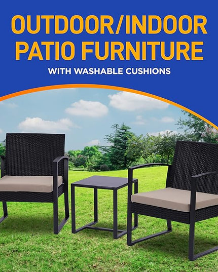SereneLife Patio Outdoor Furniture, 3 Pcs. Per Set-includes 2 Single Chairs with Soft Cushion and 1 Glass-top Coffee Table, Black Weather-Resistant Resin Wicker Rattan, Brown - LeafyLoom