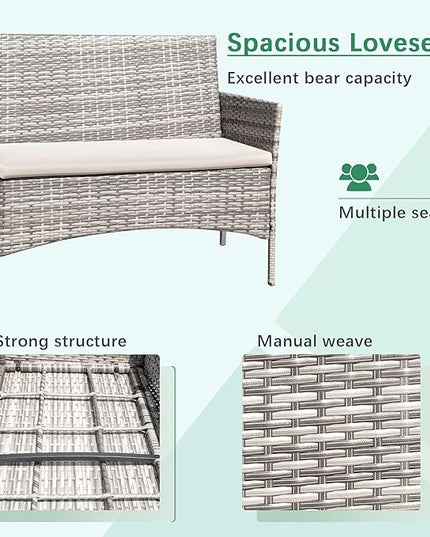 Greesum Patio Furniture 4 Pieces Conversation Sets Outdoor Wickerr Rattan Chairs Garden Backyard Balcony Porch Poolside loveseat with Soft Cushion and Glass Table, Gray and Beige - LeafyLoom