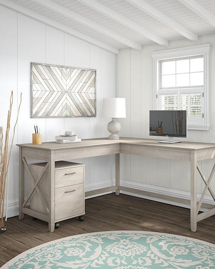 Bush Furniture Key West 60W L Shaped Desk with 2 Drawer Mobile File Cabinet in Washed Gray - LeafyLoom
