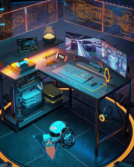 Bestier Small Gaming Desk with Power Outlets,42 L Shaped LED Computer Desk with Monitor Stand Reversible Storage Shelves,Corner Gamer Desk with Headset Hooks USB Port,Black Marble - LeafyLoom