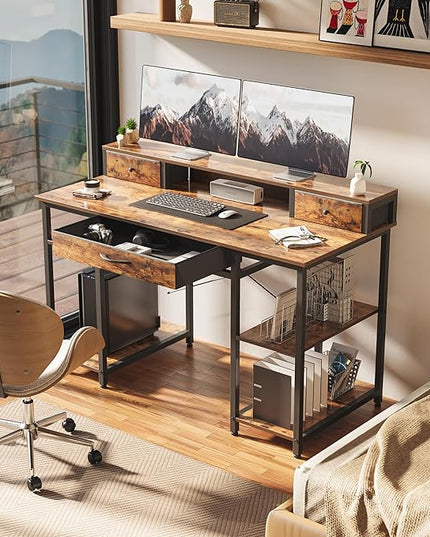 Treesland 47 Inch Multifunctional Computer Desk with Monitor Shelf, Professional Dual Tiers Writing Desk, 3 Drawers, and Storage - Sturdy Home Office Desk, Brown - LeafyLoom
