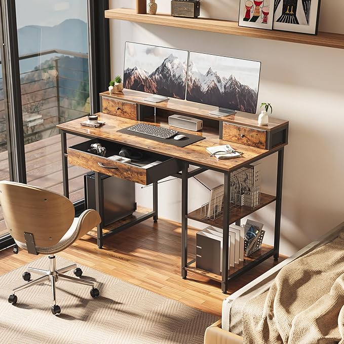 Treesland 47 Inch Multifunctional Computer Desk with Monitor Shelf, Professional Dual Tiers Writing Desk, 3 Drawers, and Storage - Sturdy Home Office Desk, Brown - LeafyLoom