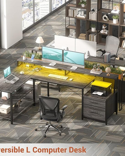 Aheaplus L Shaped Desk with File Drawer, 66" Reversible L Shaped Computer Desk with Power Outlet & LED Strip, Gaming Desk with Long Monitor Stand, Office Desk Corner Desk with Storage Shelf, Grey Oak - LeafyLoom