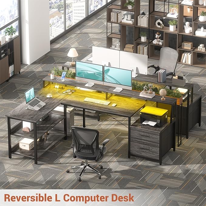 Aheaplus L Shaped Desk with File Drawer, 66" Reversible L Shaped Computer Desk with Power Outlet & LED Strip, Gaming Desk with Long Monitor Stand, Office Desk Corner Desk with Storage Shelf, Grey Oak - LeafyLoom