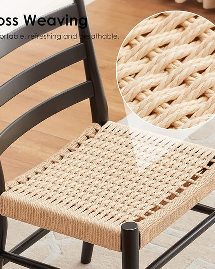 STARY Wood Rattan Dining Room Chairs Comfortable Woven Seat, Fully Assembled, New Black - Set of 2 - LeafyLoom