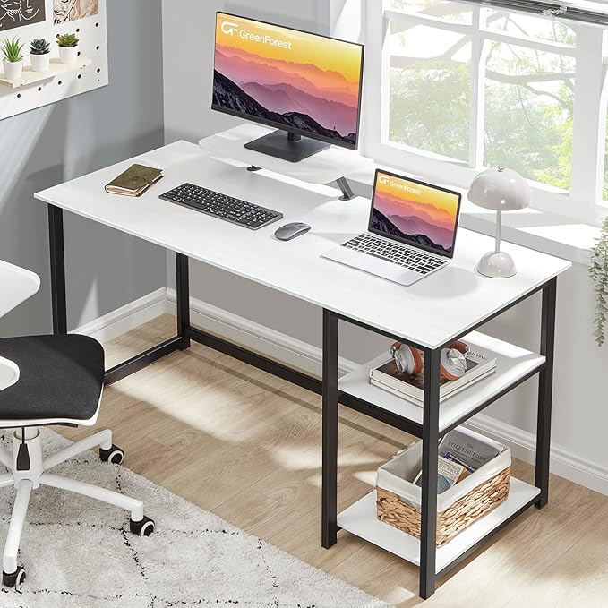 GreenForest Computer Home Office Desk with Monitor Stand and Reversible Storage Shelves,55 inch Modern Simple Writing Study PC Work Table,White - LeafyLoom