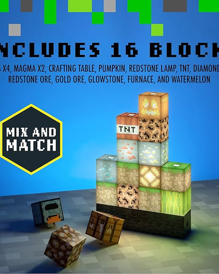 Paladone Minecraft Official Licensed Block Building Lamp 16 Customizable Light Up Blocks - Interactive Decoration, Toy, Nightlight for Kids, Gamer Room Decor, Gaming Gift for Boys and Girls - LeafyLoom