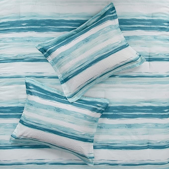 Madison Park Marina Comforter Quilt Combo Set - Modern Luxury Design, All Season Down Alternative Bedding, Matching Shams, Decorative Pillows, King/Cal King(104"x92"), Aqua 8 Piece - LeafyLoom