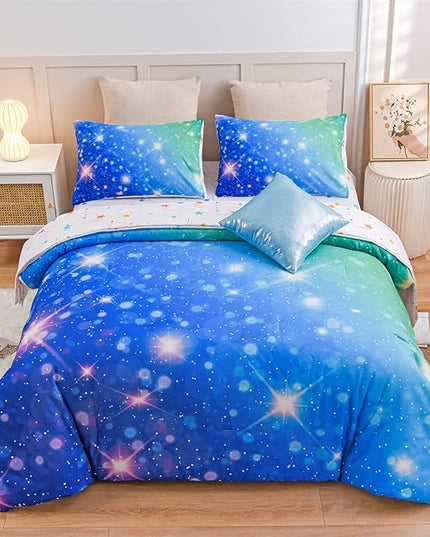 A Nice Night 6Pcs Gradient Glitter Bedding Set for Girls, Colorful Rainbow Galaxy Comforter Set, Ultra Soft Bedding Sets (Blue-Green,Queen 6Pcs) - LeafyLoom