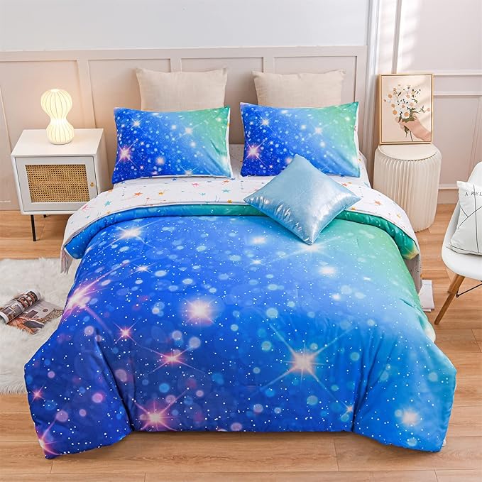 A Nice Night 6Pcs Gradient Glitter Bedding Set for Girls, Colorful Rainbow Galaxy Comforter Set, Ultra Soft Bedding Sets (Blue-Green,Twin 6Pcs) - LeafyLoom