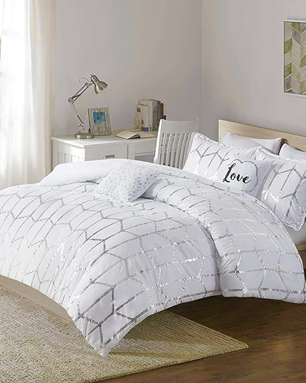 Intelligent Design Raina Full / Queen Comforter Set, Soft Microfiber Comforter Set Queen, Modern Geometric Metallic Bed Set, 5 Pieces College Bedding Comforter Set with 2 Shams, 2 Toss Pillows White - LeafyLoom