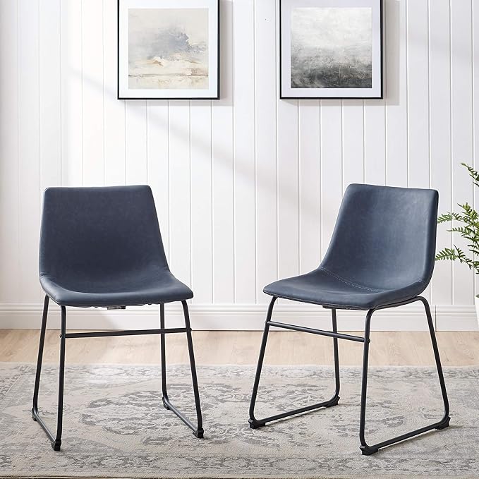 Walker Edison Douglas Urban Industrial Faux Leather Armless Dining Chairs Set of 2 and Counter Chairs Set of 2, Navy Blue - LeafyLoom