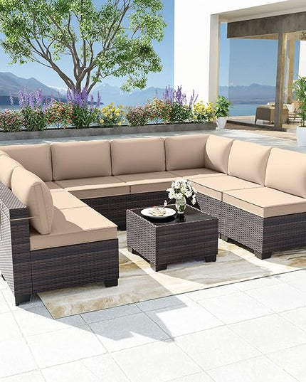 Patio Furniture Set 9PCS Outdoor Furniture for Backyard Wicker Sectional Sofa Set, Rattan Patio Conversation Set with Thickened Cushions and Glass Coffee Table, Sand - LeafyLoom