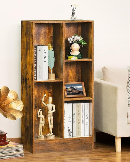 LEYAOYAO 5 Cube Mid-Century Modern Brown Wood Bookcase, 3 Tier Storage Organizer Shelf, Rustic Display Cabinet for Bedroom, Living Room, Office - LeafyLoom