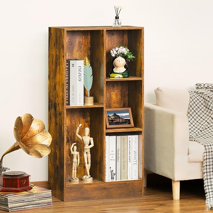 LEYAOYAO 5 Cube Mid-Century Modern Brown Wood Bookcase, 3 Tier Storage Organizer Shelf, Rustic Display Cabinet for Bedroom, Living Room, Office - LeafyLoom