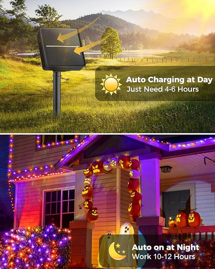 Minetom 2 Pack Solar Halloween Lights Outdoor, Total 80FT 200 LED Halloween String Lights with 8 Mode,Halloween Decoration Outdoor, Waterproof Solar String Lights for Outside Tree Yard,Orange & Purple Minetom