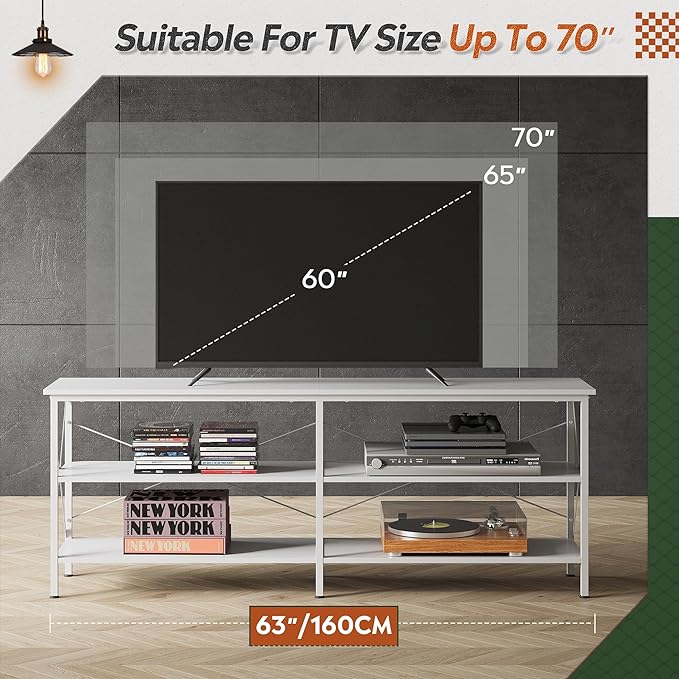 WLIVE TV Stand up to 70 Inch TV, 63" Entertainment Center, TV Media Console with 3-Tier Storage Shelves for Living Room and Bedroom, White - LeafyLoom