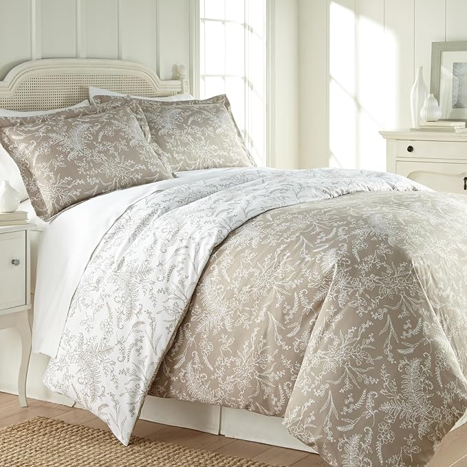 Southshore Fine Living, Inc. Twin Comforter Bedding Set, Hotel Quality Floral Bedspread with Matching Sham for Twin and Twin XL Beds, Reversible Print is 2 Colors in 1, Winter Brush Grey/White - LeafyLoom