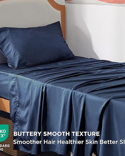 Bedsure Twin XL Sheet Set Dorm Bedding, Cooling Sheets Twin Extra Long Sheets, Rayon Derived from Bamboo, Deep Pocket Up to 16", Hotel Luxury Silky Bedding Sheets & Pillowcases, Navy - LeafyLoom