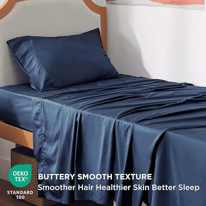 Bedsure Twin XL Sheet Set Dorm Bedding, Cooling Sheets Twin Extra Long Sheets, Rayon Derived from Bamboo, Deep Pocket Up to 16", Hotel Luxury Silky Bedding Sheets & Pillowcases, Navy - LeafyLoom