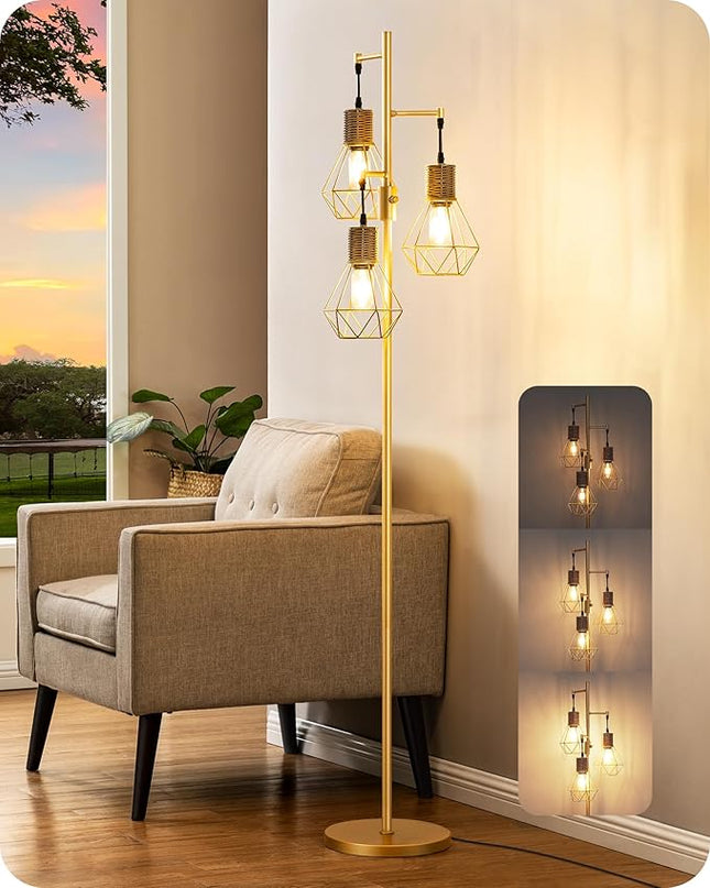 EDISHINE Dimmable Industrial Floor Lamp, Farmhouse Standing Lamp for Living Room with 3 LED Edison Bulbs, Diamond-Shaped Cage, Corner Rustic Rattan Reading Lamps for Bedroom, Office, Gold - LeafyLoom