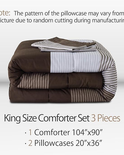 Andency Stripe Comforter Set King Size (104x90 Inch), 3 Pieces Brown Patchwork Striped Comforter, Soft Microfiber Down Alternative Comforter Bedding Set with Corner Loops - LeafyLoom