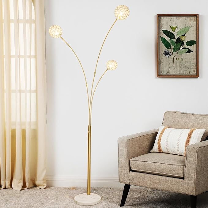 DLLT Floor Lamps for Living Room, 3-Light Gold Arc Standing Lamp, 86.6" Modern Tall Tree Floor Lamp with Adjustable Arms, Multi-Head LED Floor Lamps for Bedroom, Study, Office, G9 Bulbs Included - LeafyLoom