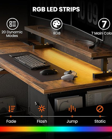 47 inch L Shaped Desk, Computer Desk, Adjustable Stand Office Desk, Power Outlets & Storage Drawer, Reversible Computer Desk with Shelves & Headset Hooks - LeafyLoom