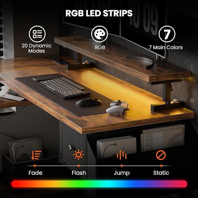 47 inch L Shaped Desk, Computer Desk, Adjustable Stand Office Desk, Power Outlets & Storage Drawer, Reversible Computer Desk with Shelves & Headset Hooks - LeafyLoom