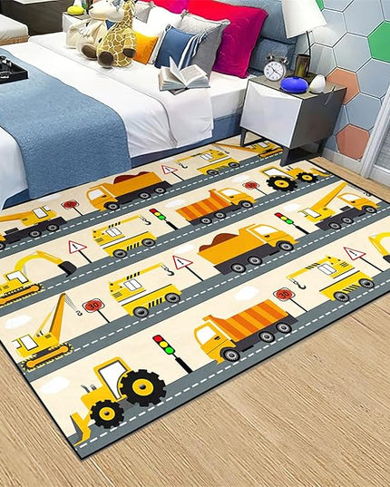 Construction Rug Car Rug Construction Rugs for Boys Room Cartoon Truck Area Rug Construction Play Mat Car Rug for Boys Room Construction Decor for Boys Room 5'×7' - LeafyLoom