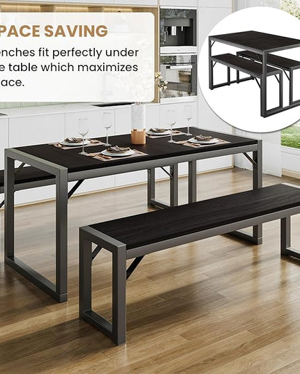 SHA CERLIN 3-Piece Dining Table Set with 2 Benches, Rustic Kitchen Table Set for 4-6, Space-Saving Dinette, Sturdy Structure, Easy Assemble, Black/Grey - LeafyLoom